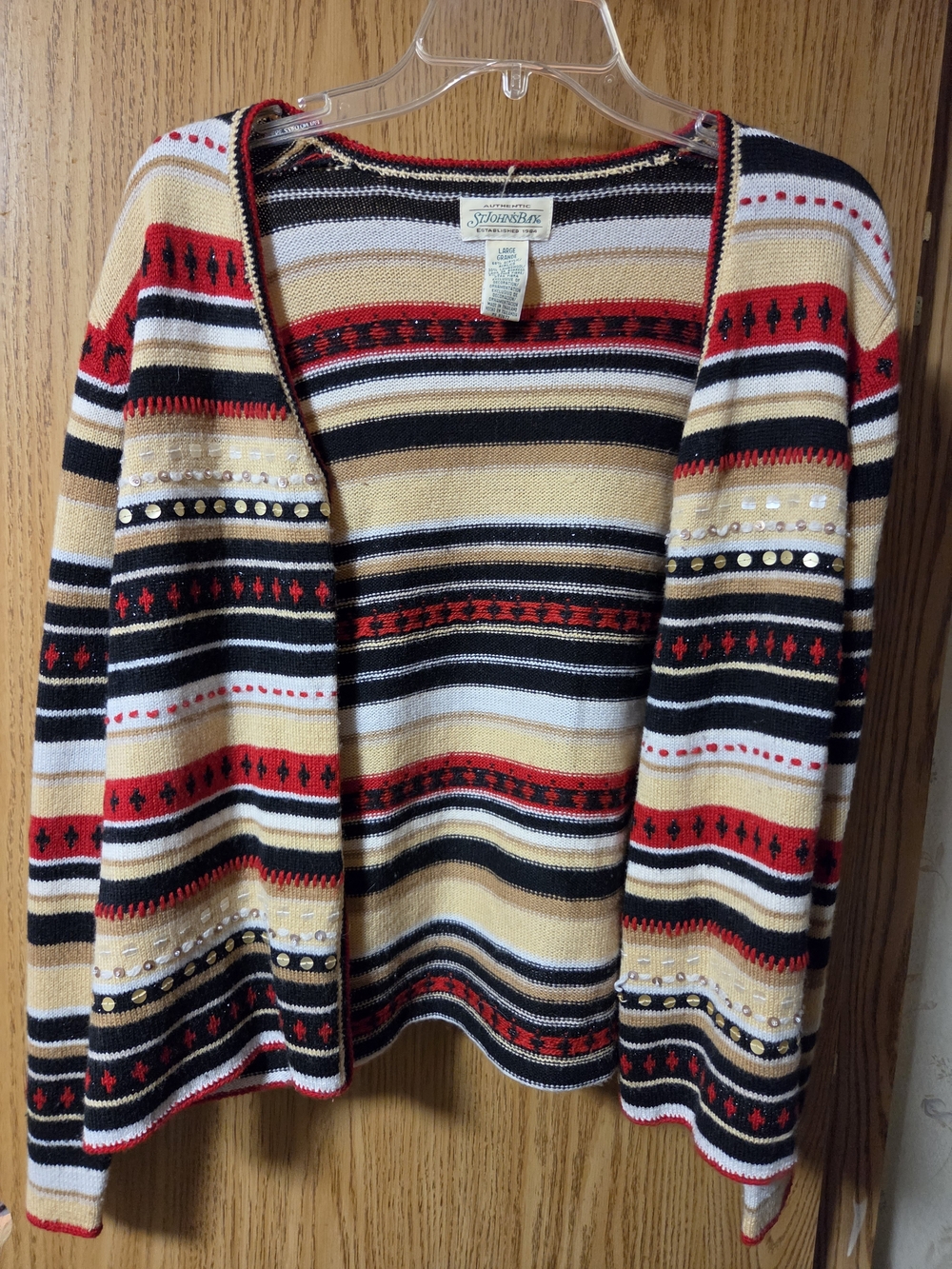 St. John's Bay Red, Black & Cream Striped Open-Front Cardigan